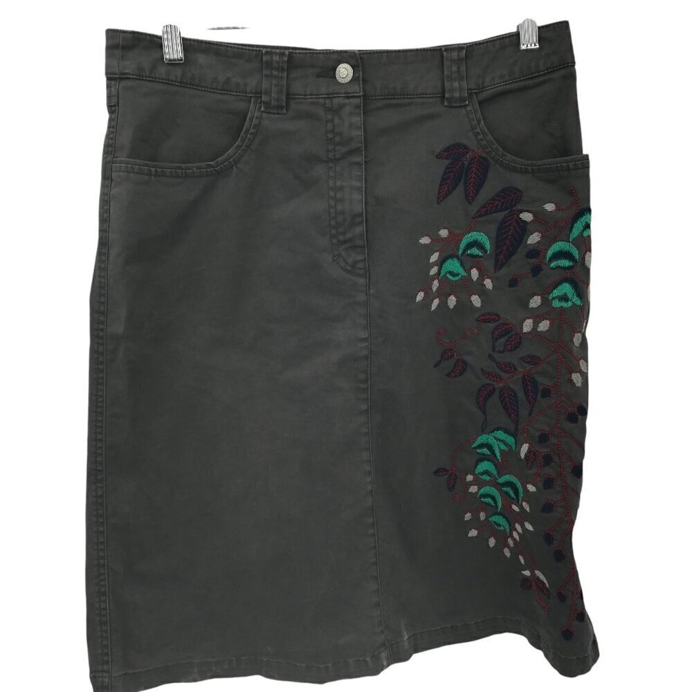 Oilily Gray Embroidered Knee Length Boho Skirt Size 38 US 8 Floral Stretch Chino